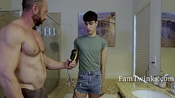 Stepson assists in grooming stepfather's genitals in a taboo video