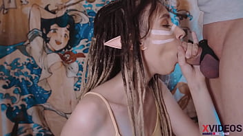 A lovely girl with dreadlocks gives a deep and sloppy blowjob to her partner!